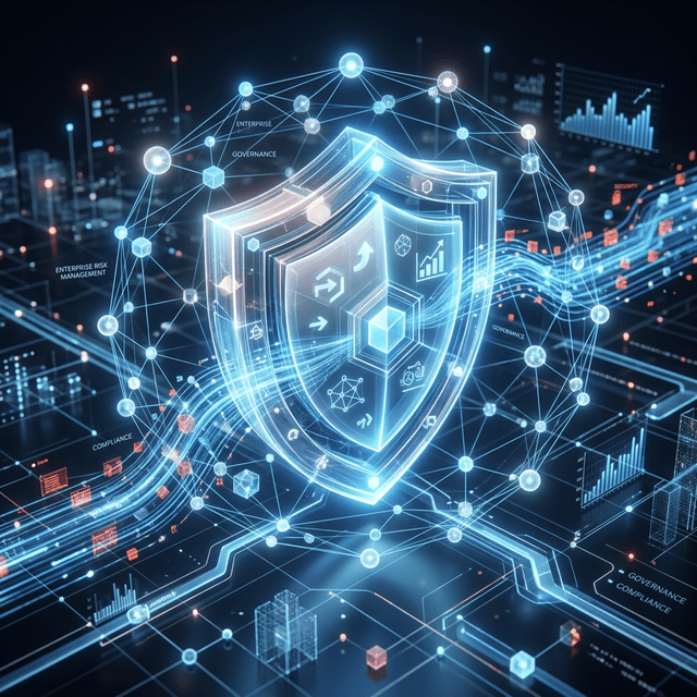 Abstract 3D rendering representing enterprise risk management, protective shield and data nodes