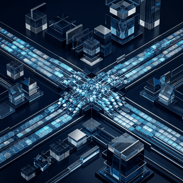 Abstract 3D rendering representing structured financial data and organized consolidation grids
