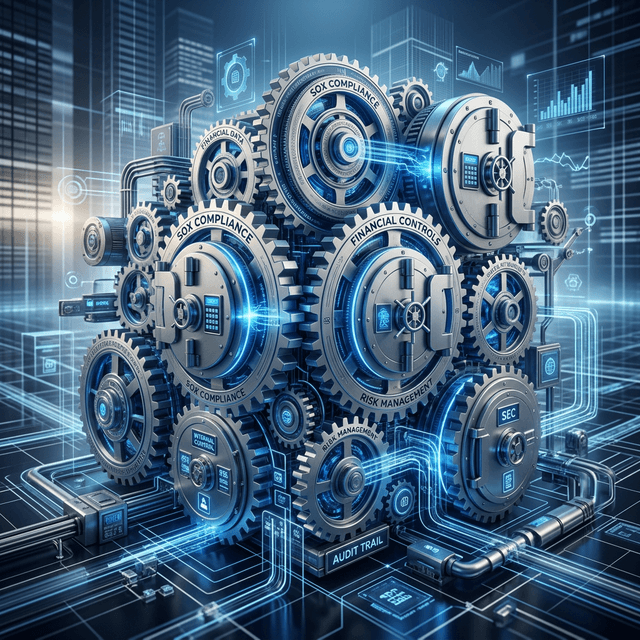 Abstract 3D rendering representing financial controls, SOX compliance, and intricate interlocking gears